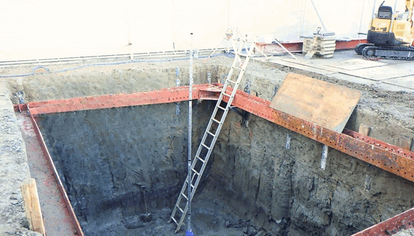 民間建築用土留工　砂質地盤でのH鋼芯材による自立式土留
